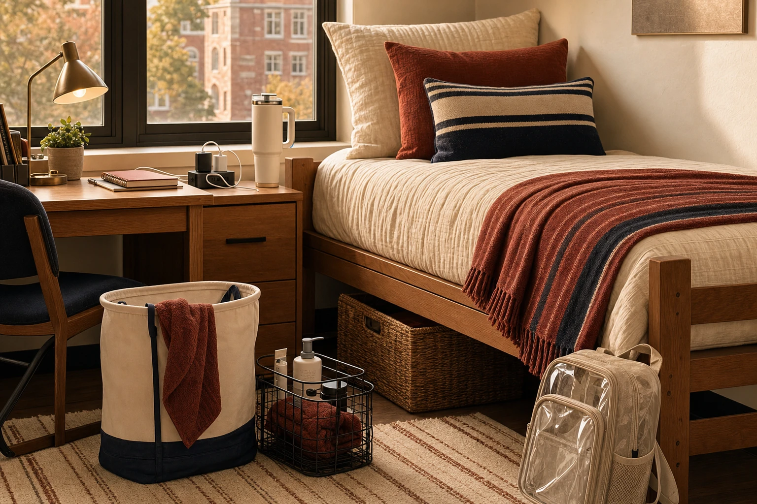 A warmly furnished college dorm room with bedding, desk essentials, storage, laundry, and a shower caddy ready for move-in.