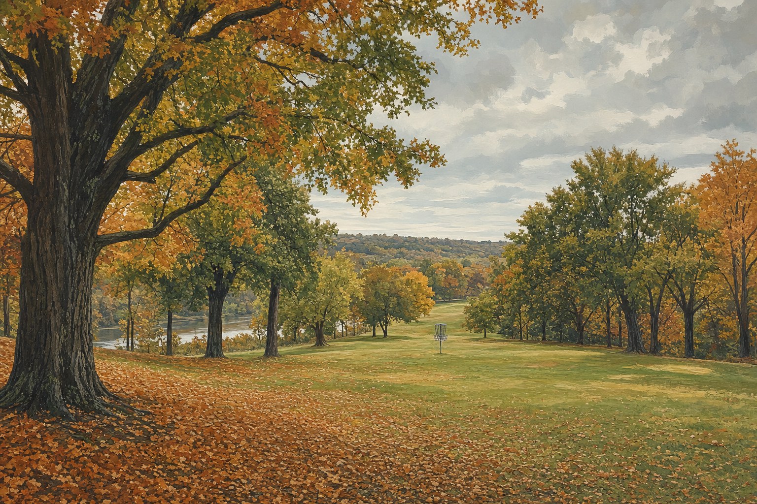Painterly autumn park with a disc-golf basket beneath orange-leaved trees beside a river