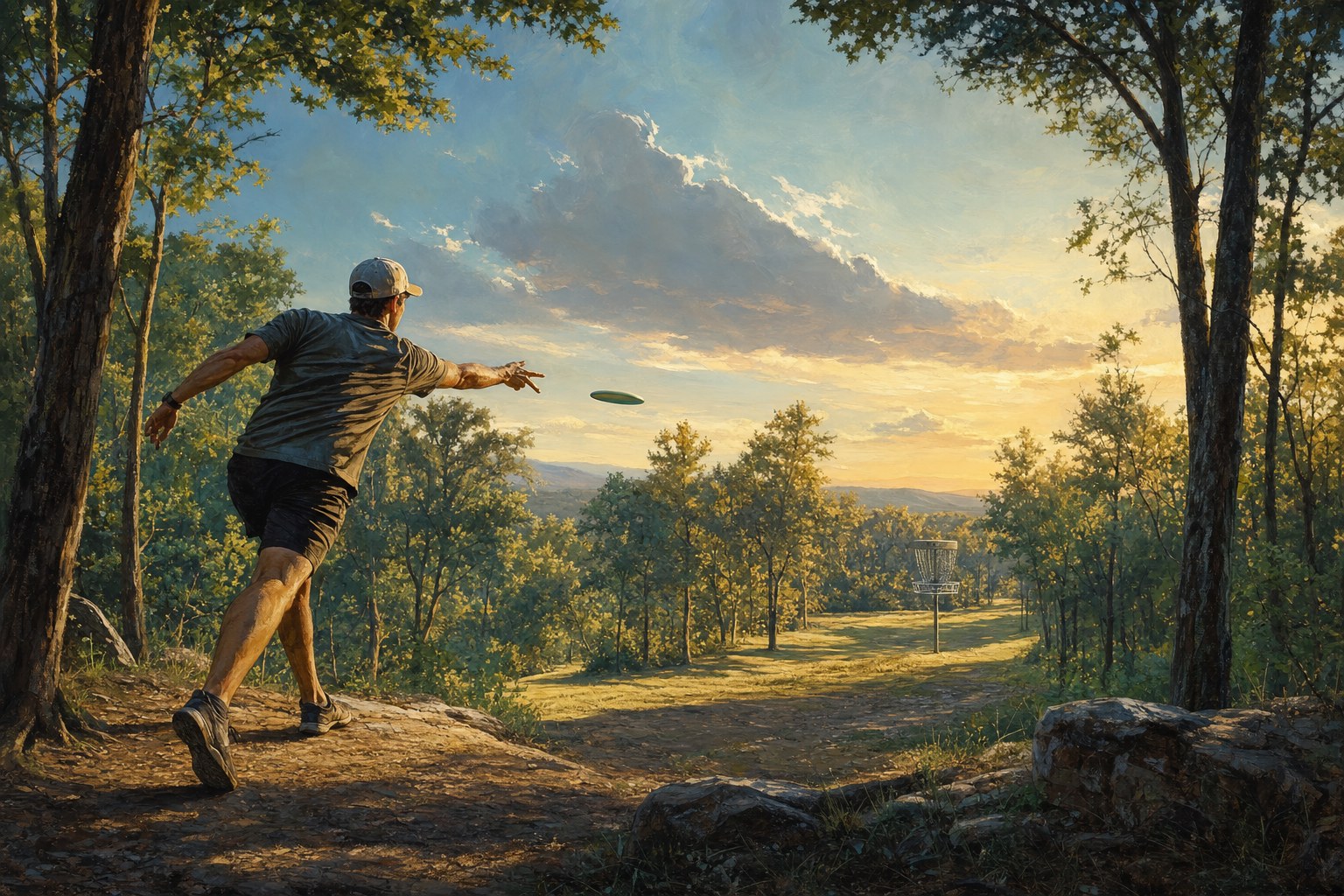 Player throwing a disc toward a basket on a wooded hillside at golden hour