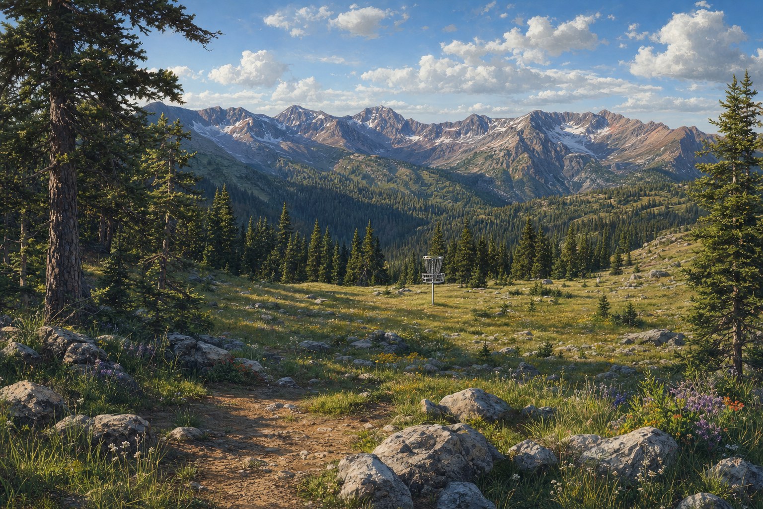 Disc-golf basket in a wildflower-dotted alpine meadow below jagged mountains