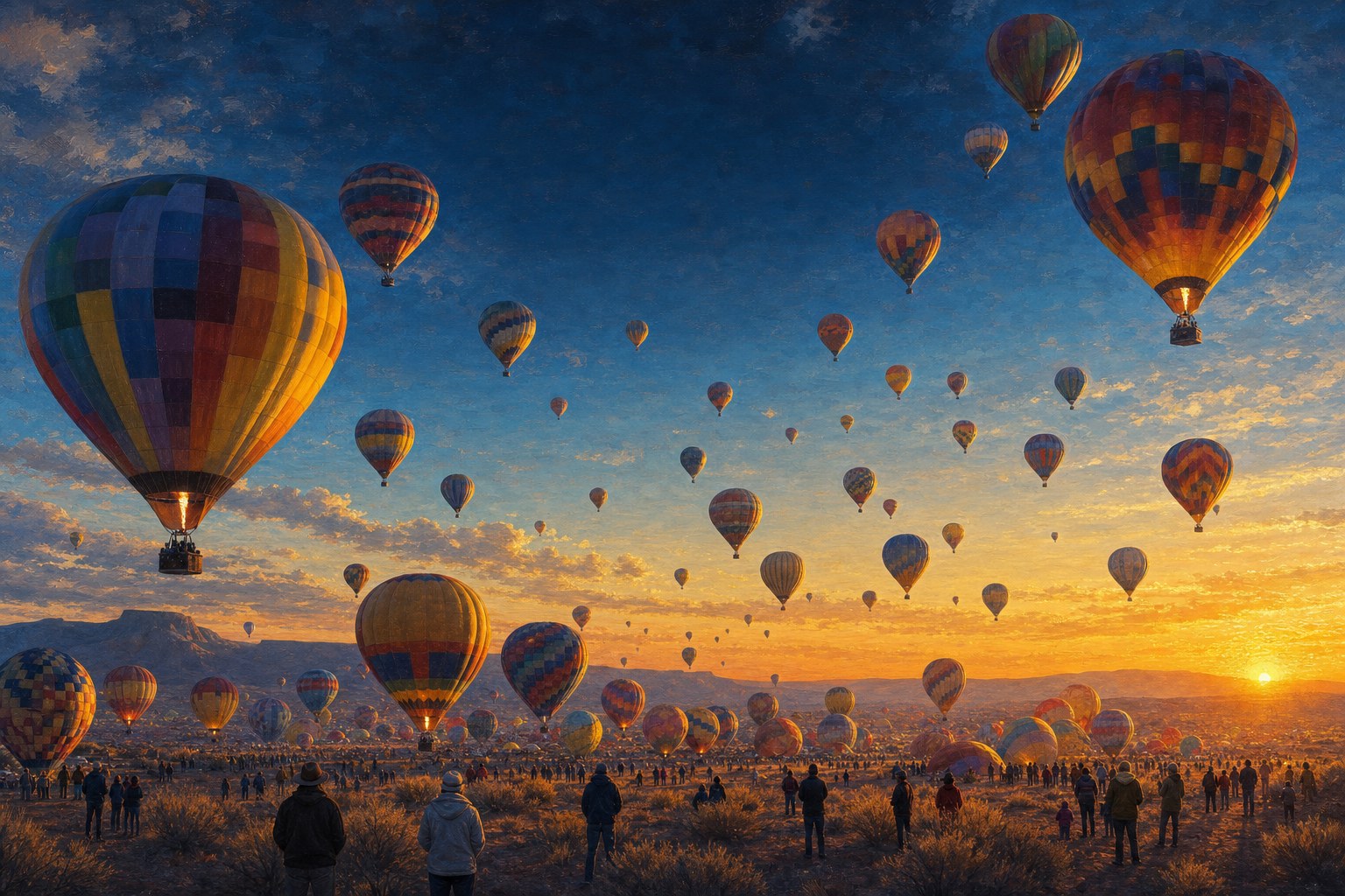 Painterly illustration of colorful hot-air balloons launching over a high-desert valley at sunrise