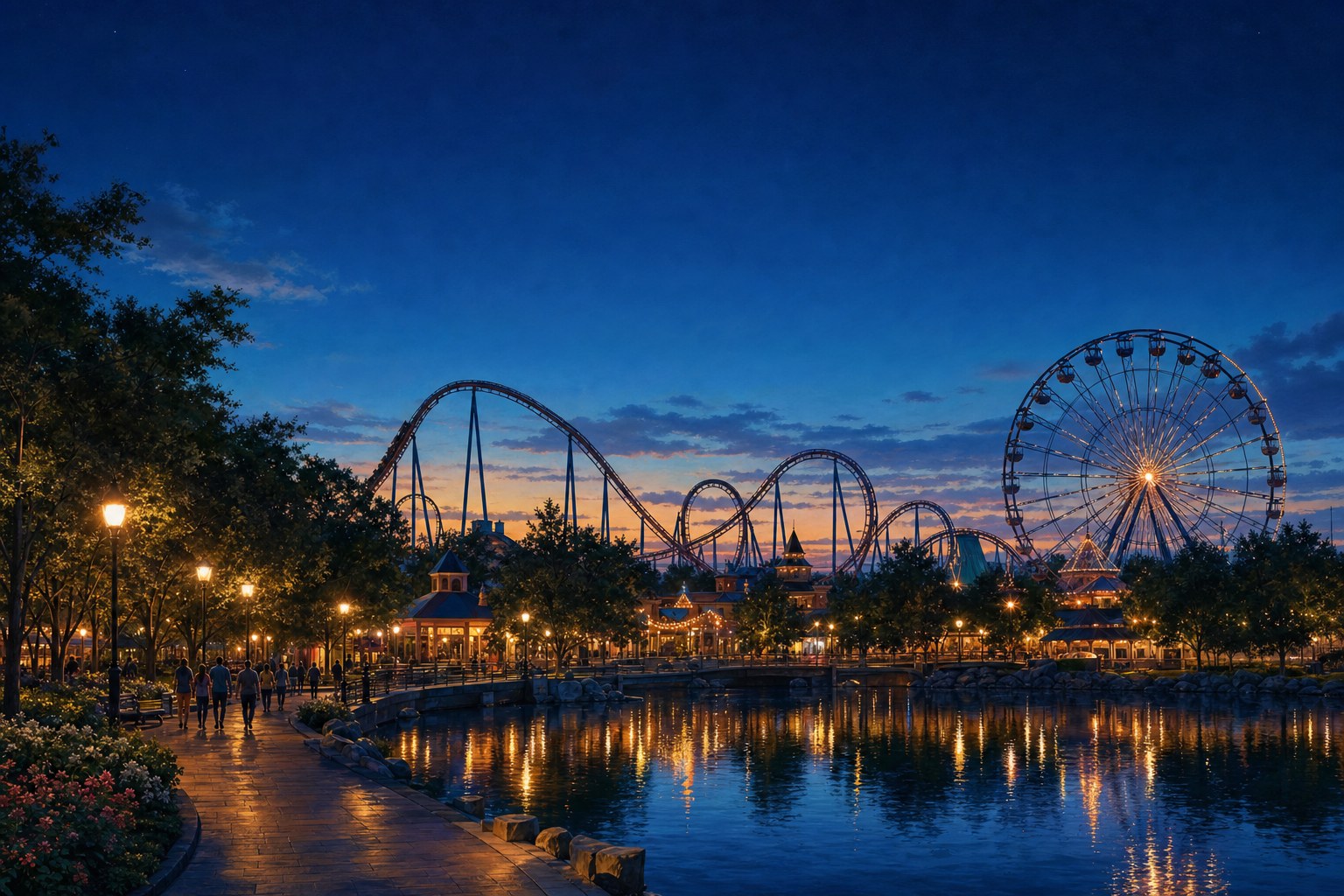 Amusement park at dusk with a looping coaster and illuminated Ferris wheel beside a lake