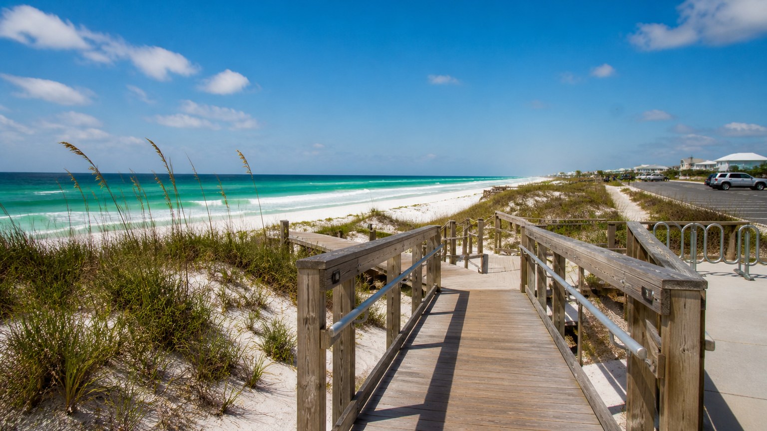 Boardwalk crossing dunes toward the Gulf along Scenic Highway 30A