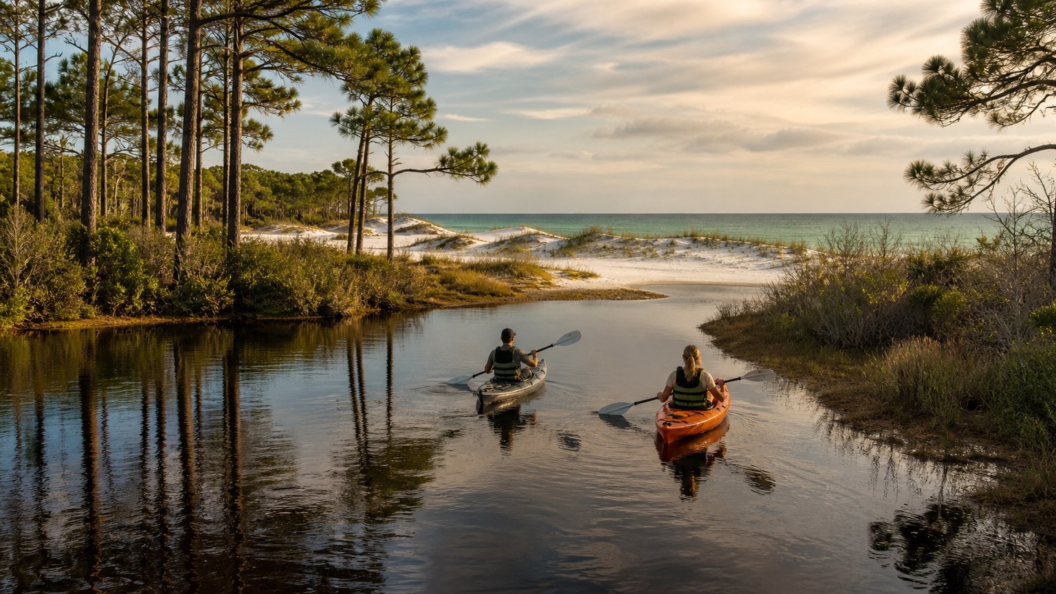 Paddlers on a coastal dune lake near the Gulf