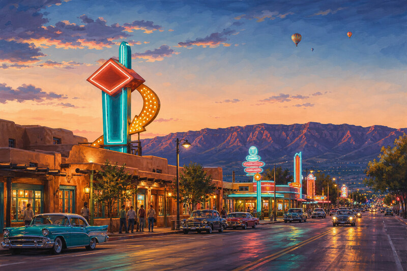 Central Avenue neon and Route 66 streetscape in Albuquerque