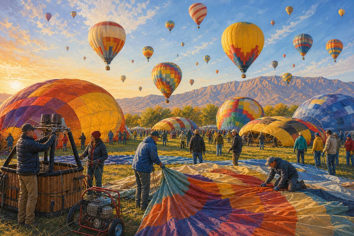 Visitors among hot-air balloons inflating on the Albuquerque Balloon Fiesta field at dawn