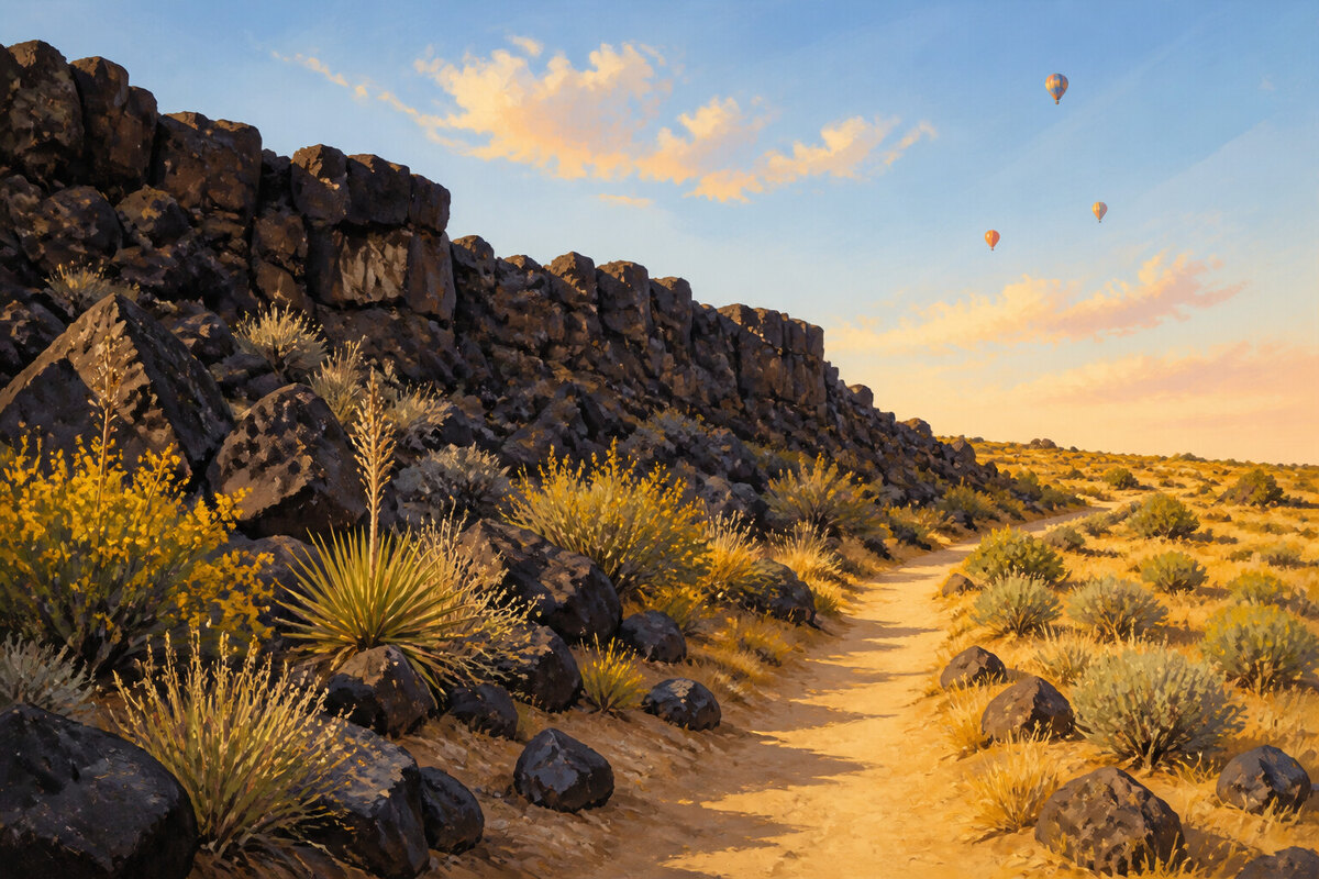 Volcanic escarpment, desert trail, and petroglyph landscape west of Albuquerque