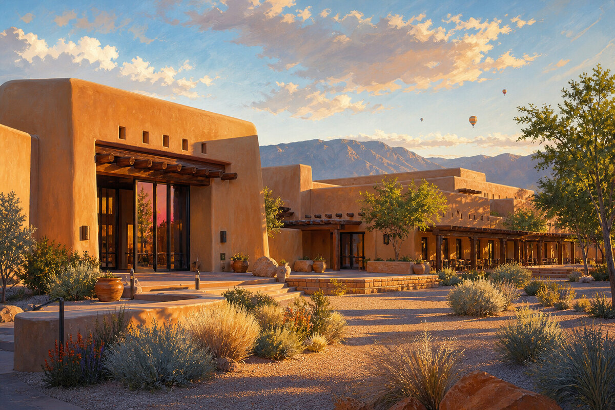 Gouache interpretation of Pueblo-influenced architecture and high-desert landscaping in Albuquerque