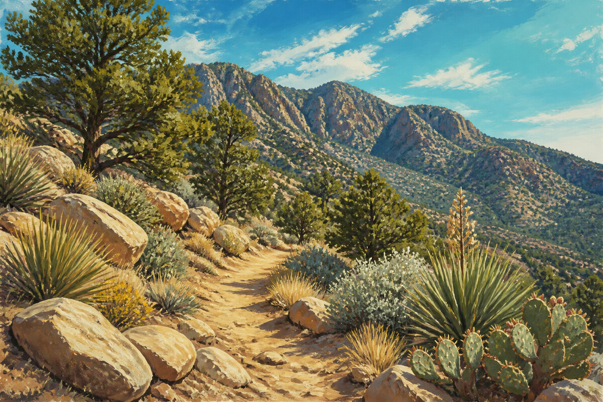 Granite trail through piñon and juniper in the Sandia Mountains above Albuquerque