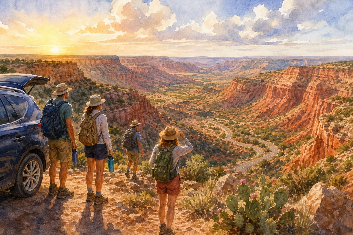 Watercolor illustration of Palo Duro Canyon timing from Amarillo