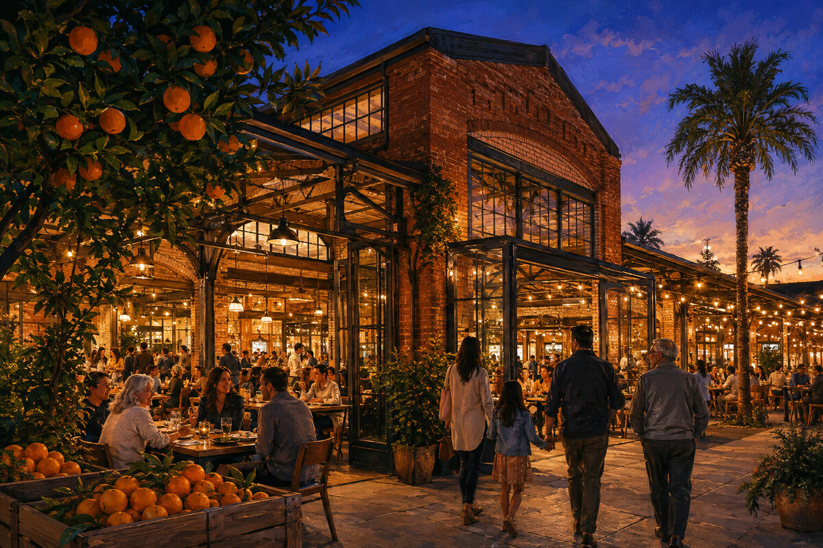 Restored citrus packing hall with a food hall interior