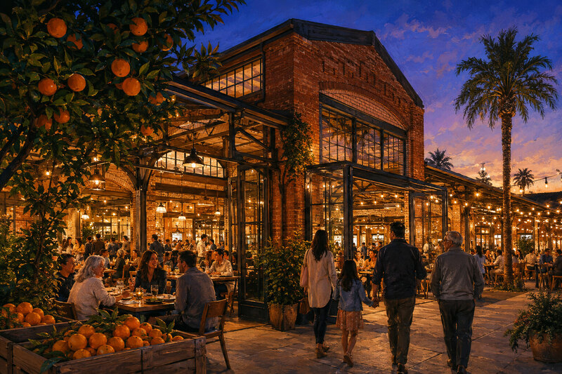 Restored citrus packing hall with a lively food hall interior