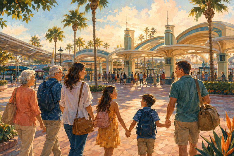 Families approaching a colorful Southern California theme park district without visible logos
