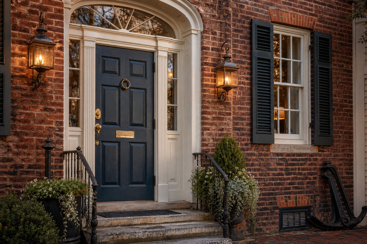 Historic inn doorway and brick facade in downtown Annapolis
