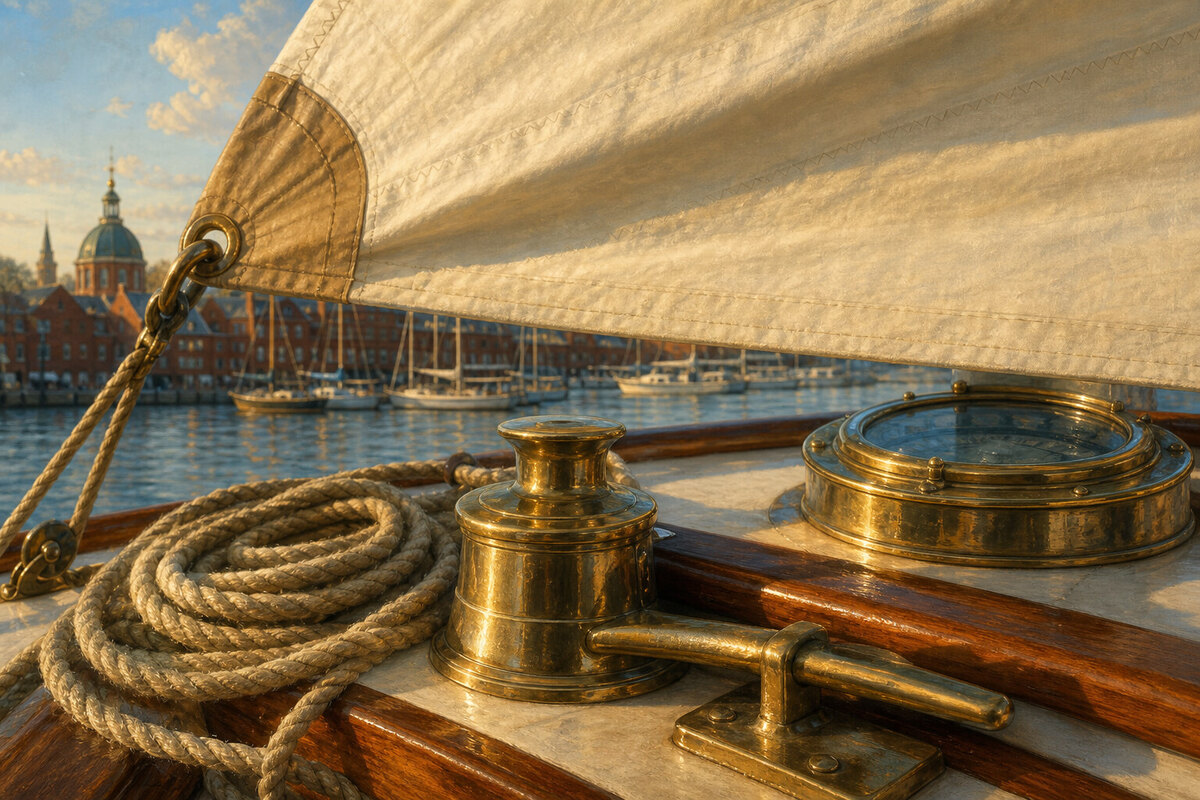 Coiled line and polished sailing hardware aboard a sailboat