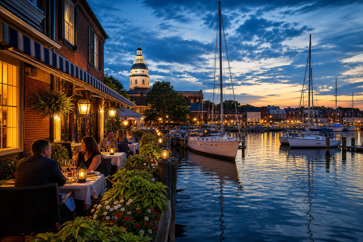 Annapolis harbor lights below the historic city at evening