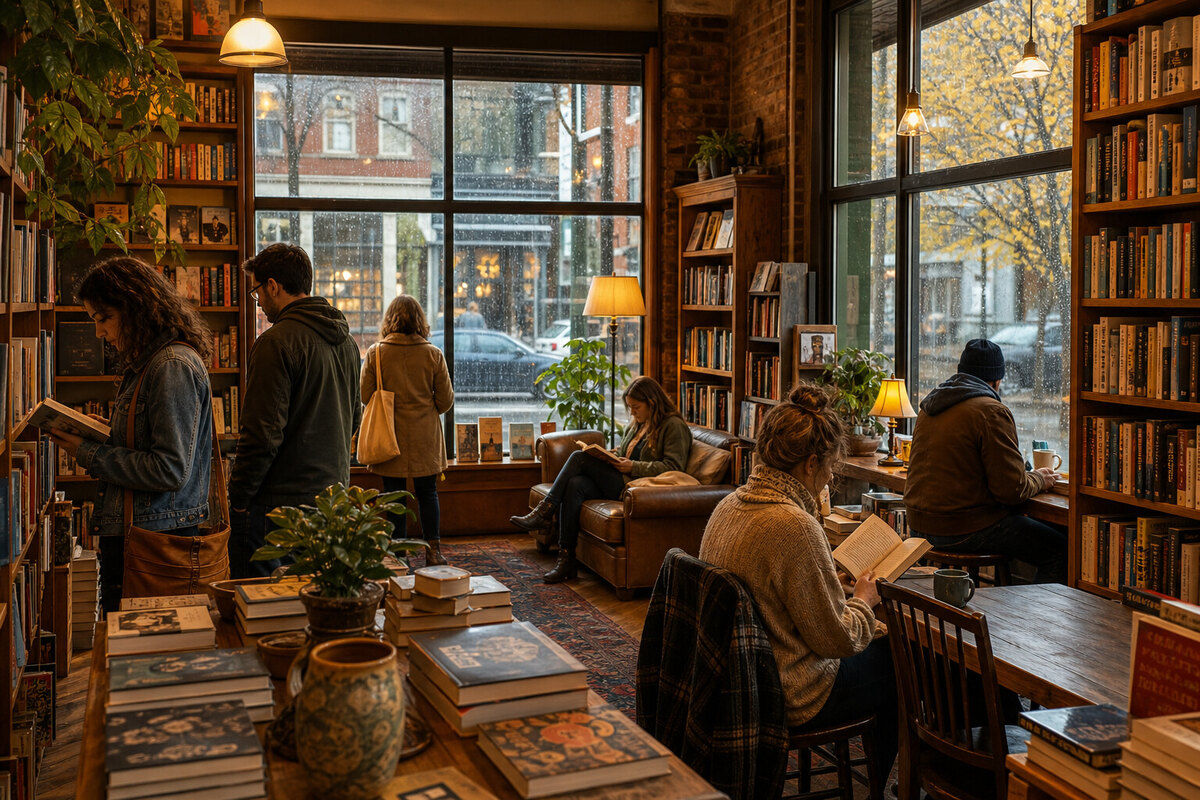 Warm independent bookstore window in Ann Arbor