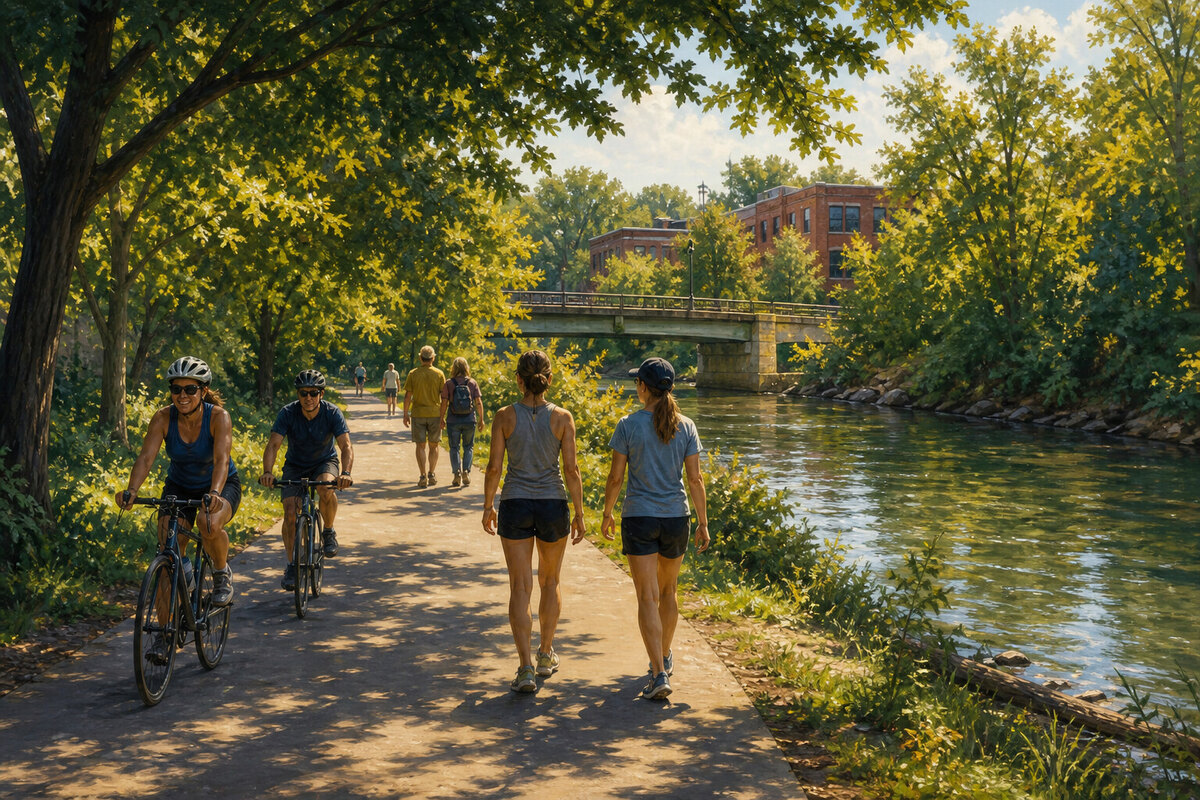 Cyclists and walkers on the paved Border-to-Border Trail beside the Huron River