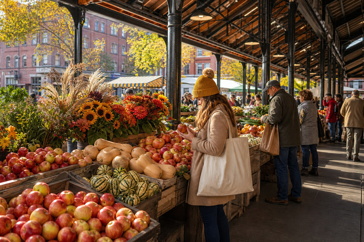 Produce and shoppers at the Ann Arbor Farmers Market in Kerrytown
