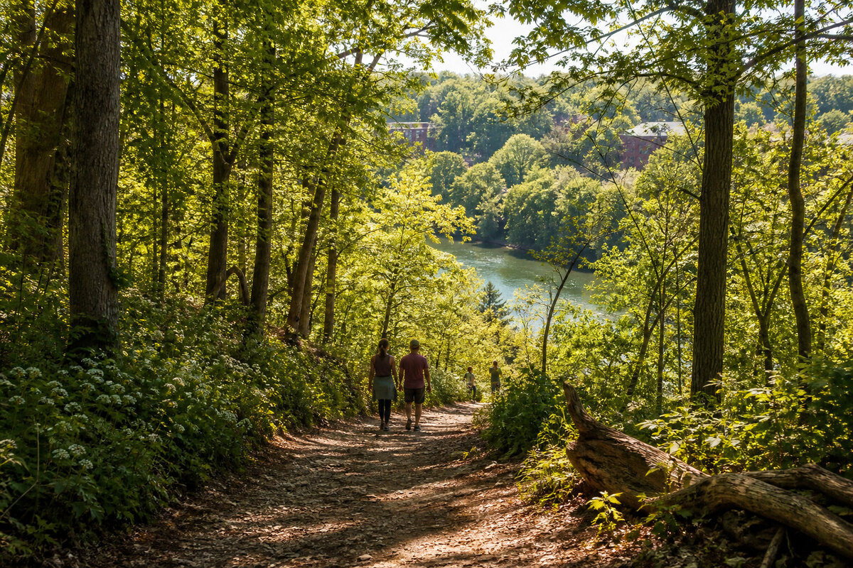 Wooded trail descending toward the Huron River in Nichols Arboretum