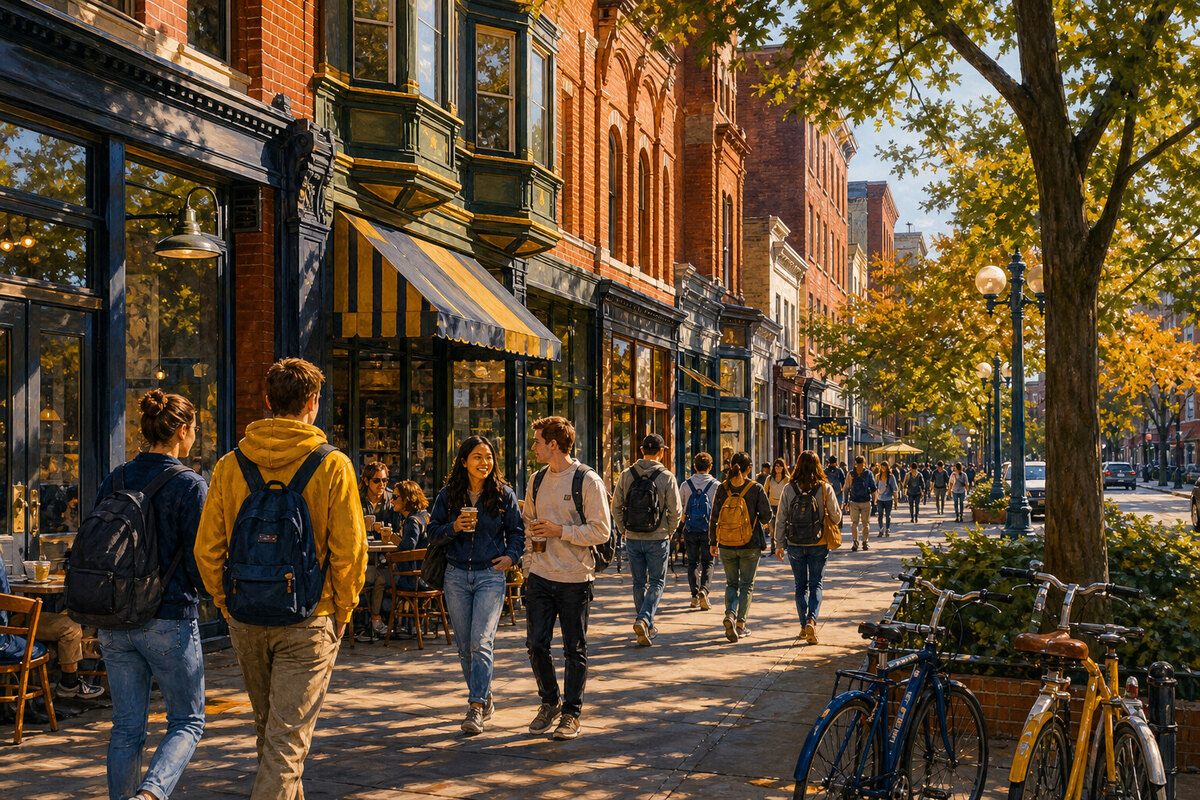 State Street campus district with cafés and pedestrians