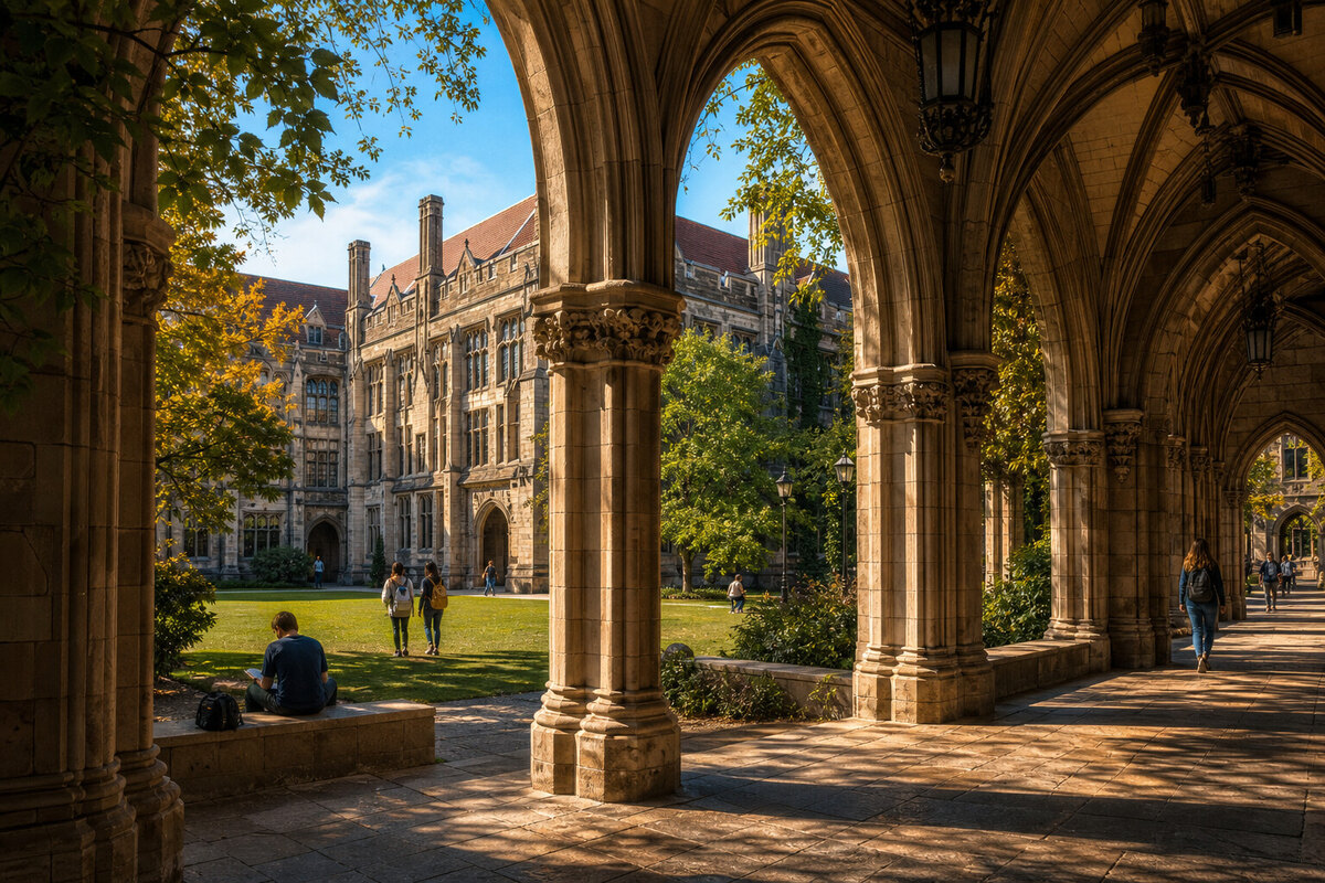 Stone arcade and green courtyard in the University of Michigan Law Quadrangle