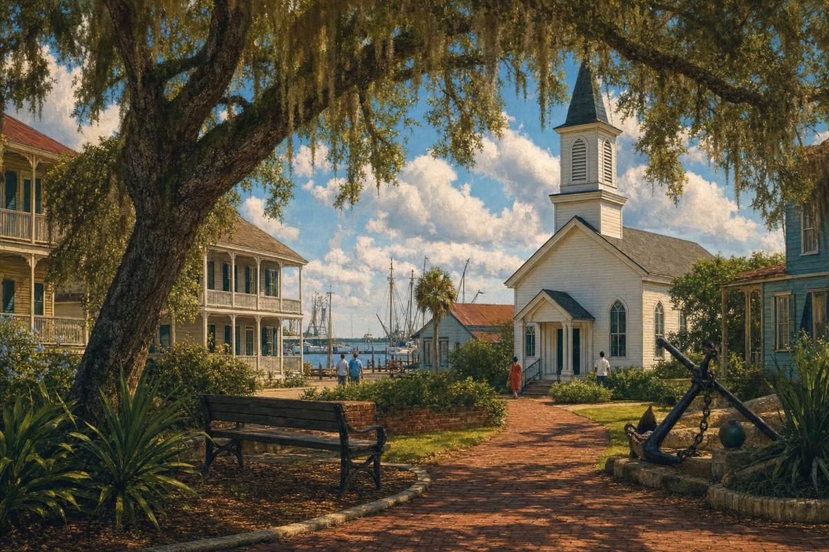 Illustrated shaded heritage square and historic church in Apalachicola