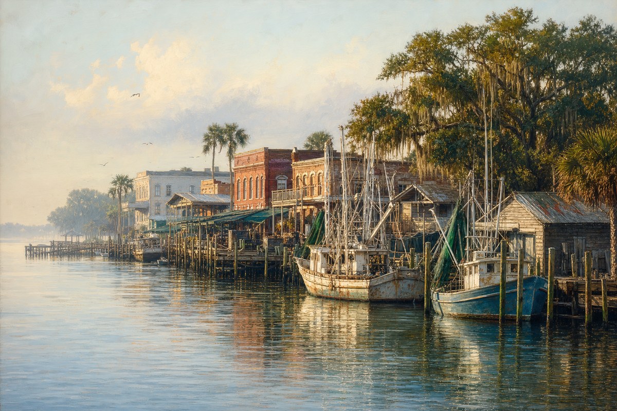 Illustrated Apalachicola riverfront at arrival