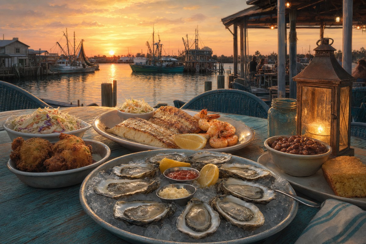 Illustrated Gulf seafood and oysters beside the Apalachicola River