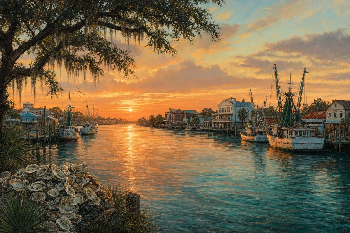 Illustrated sunset over the Apalachicola River working waterfront