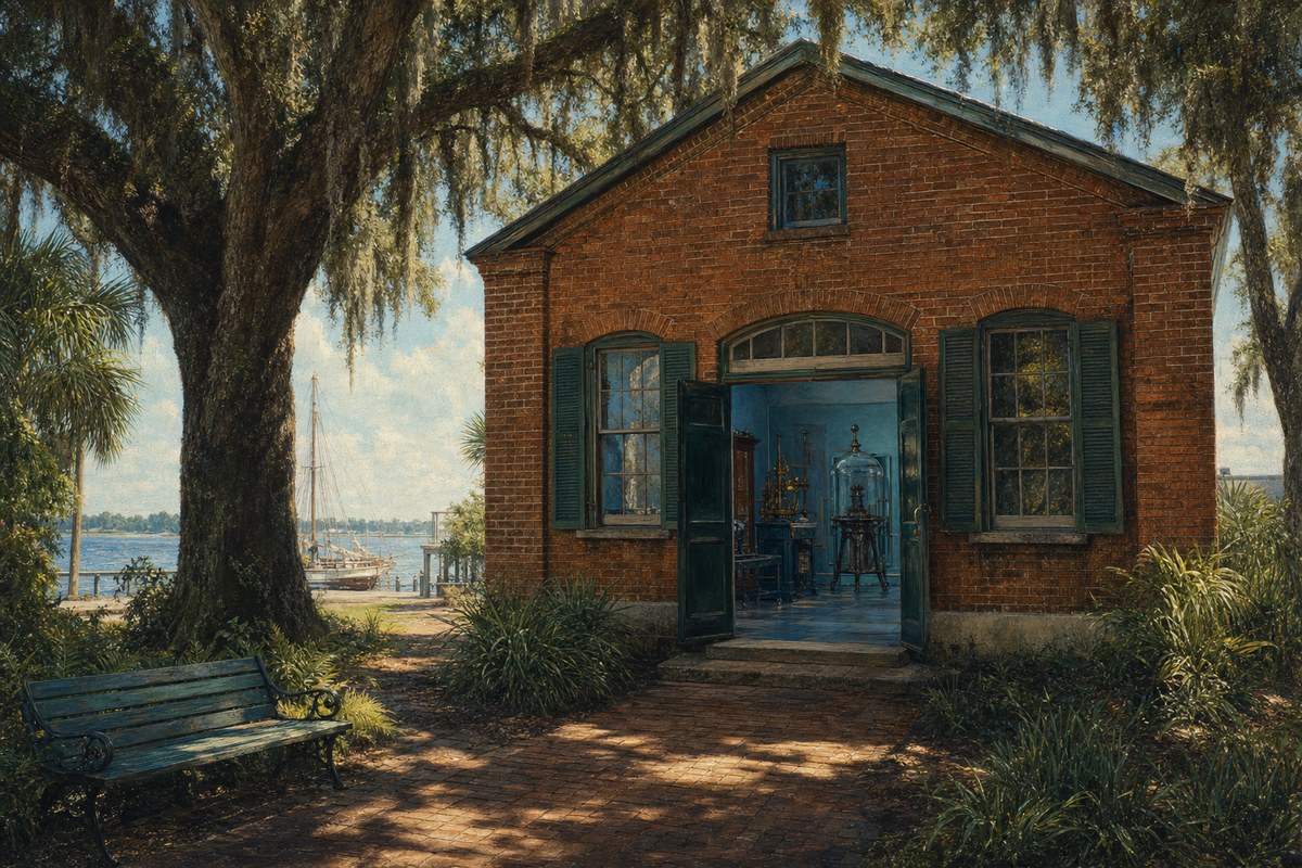 Illustrated small historic museum beneath live oaks in Apalachicola