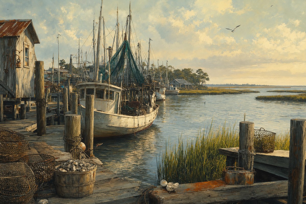 Illustrated working docks and shrimp boats on Scipio Creek