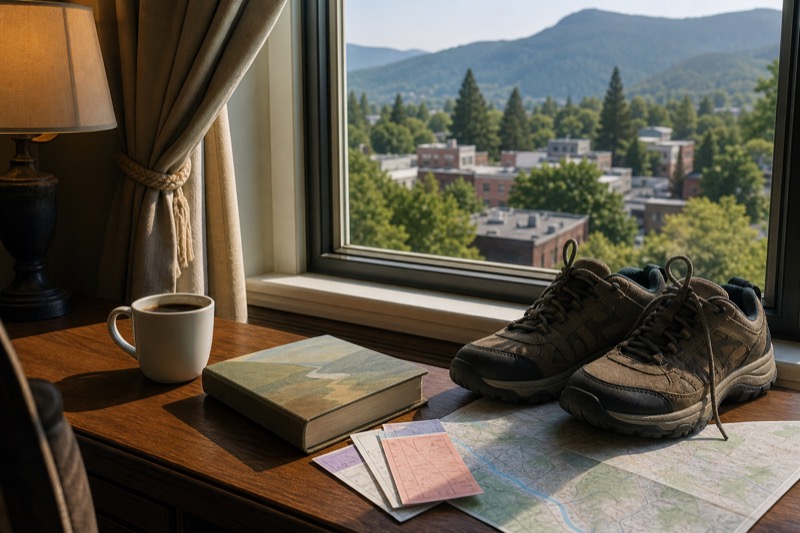Walking shoes, coffee, and an Ashland map beside a guest-room window