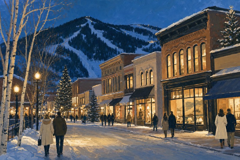 Snowy downtown Aspen at dusk