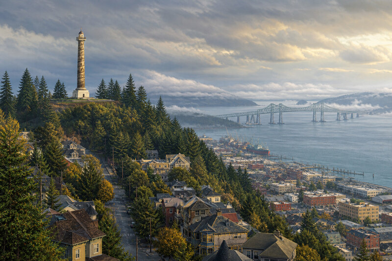 Astoria Column above the Columbia River and hillside city
