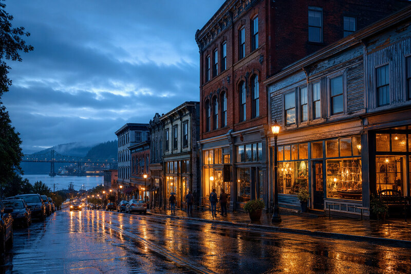 Historic downtown Astoria near evening restaurants