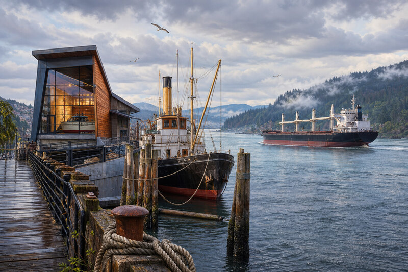 Illustrated working-river scene along Astoria's waterfront