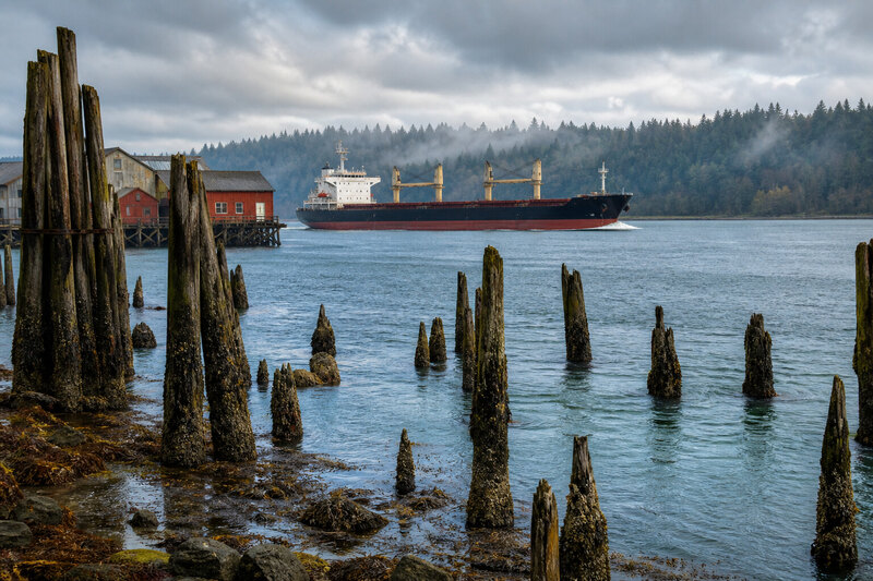 Ships and old pilings along the Columbia River at Astoria