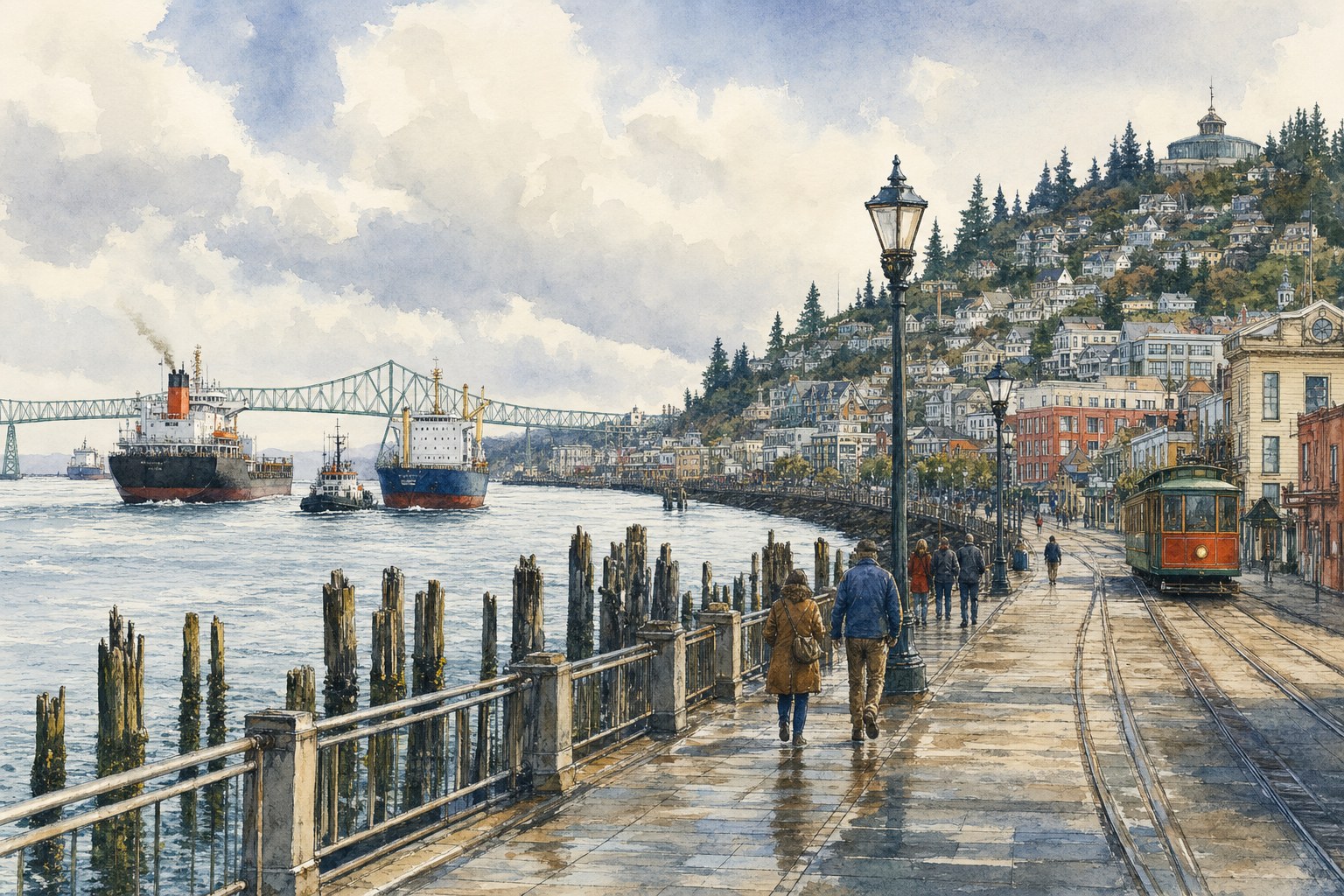 Astoria Riverwalk with old pilings, ship traffic, and the hillside city beyond