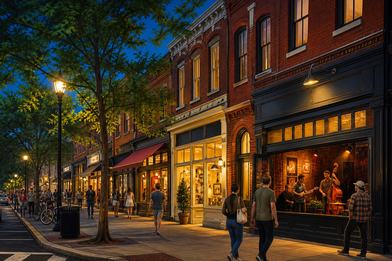 Clayton Street storefronts and evening light in downtown Athens
