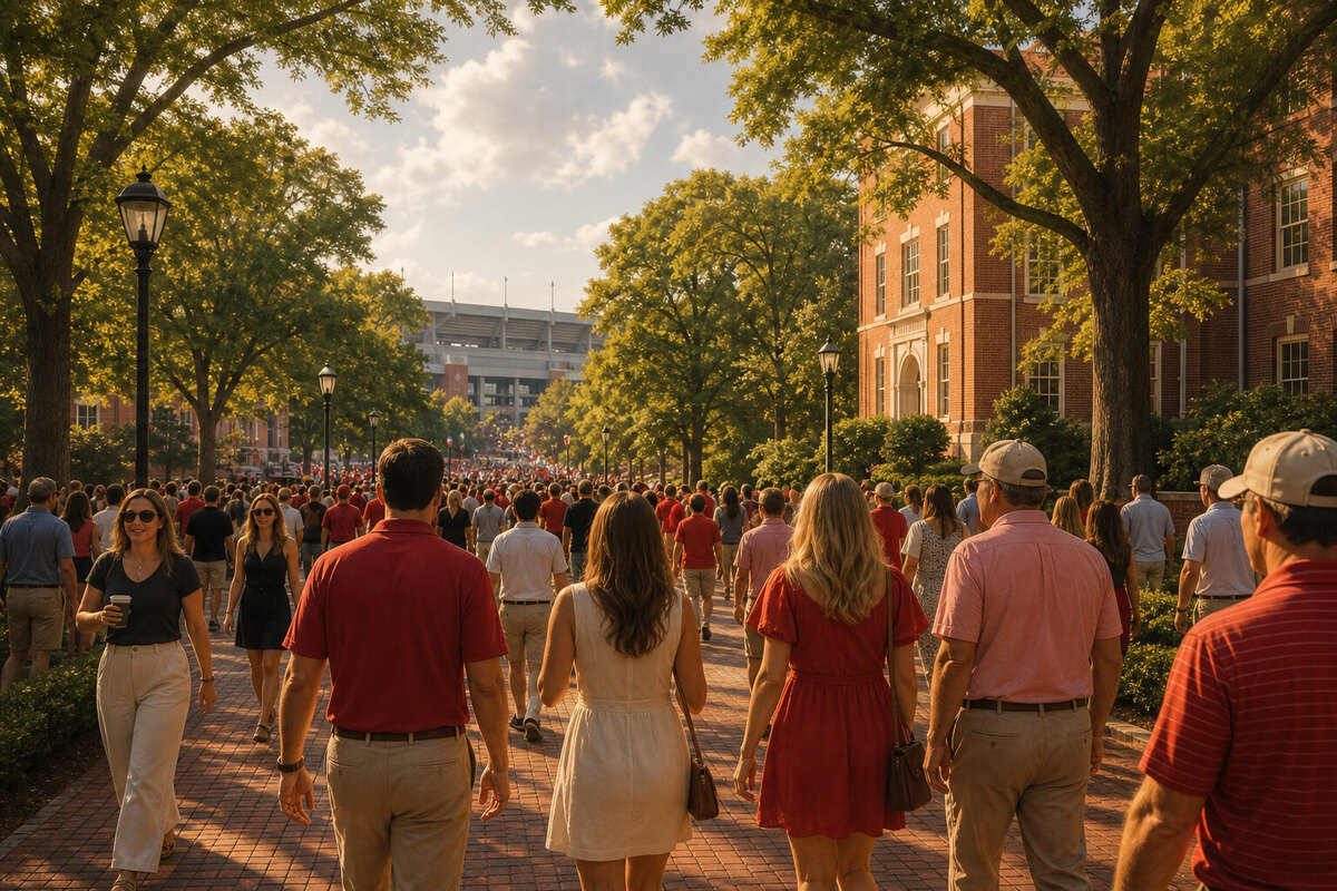 Crowds approaching Sanford Stadium through UGA campus