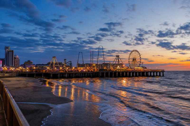Atlantic City amusement pier and boardwalk at sunset