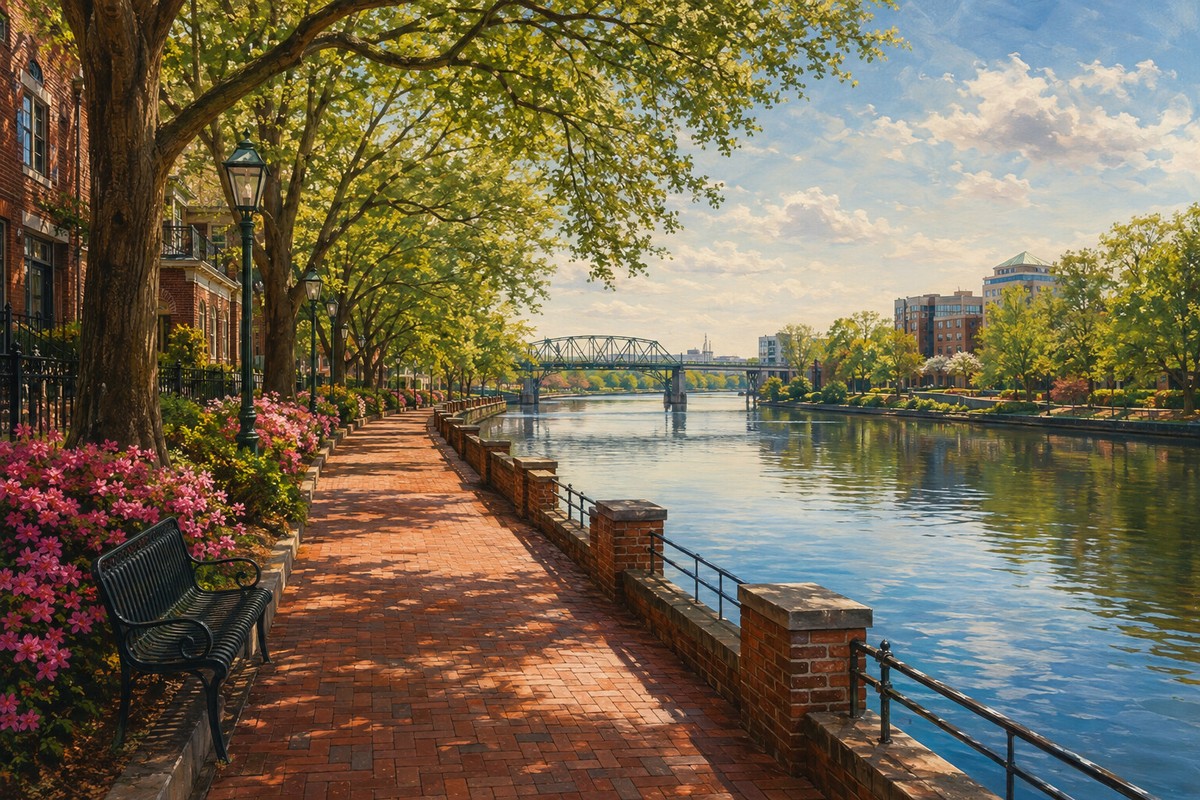 Painterly brick Augusta Riverwalk with Savannah River reflections