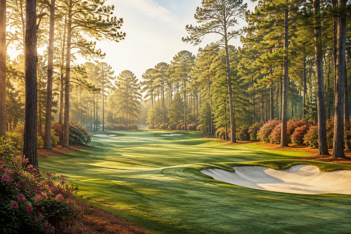 Painterly public golf fairway among Georgia pines