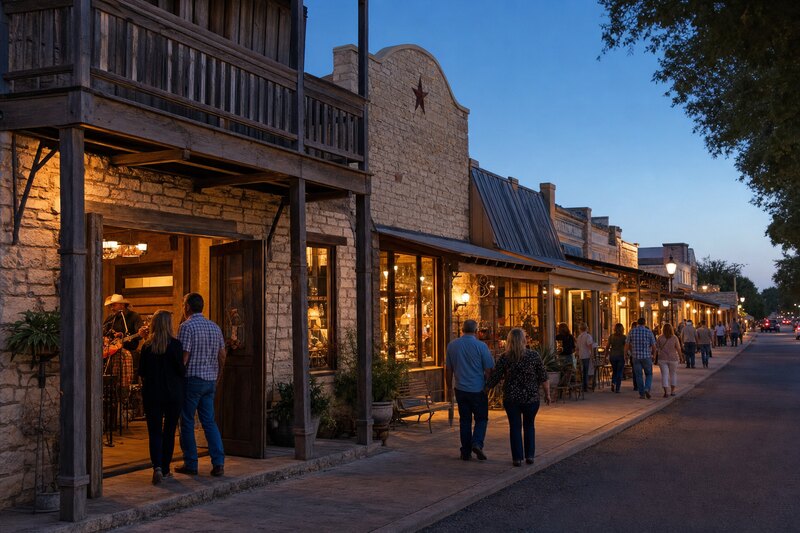 A contextual Bandera street scene at blue hour
