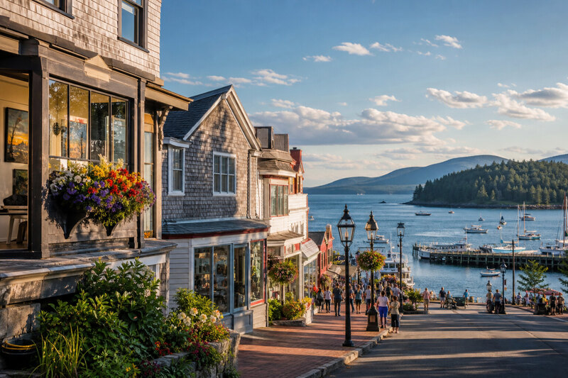 Art galleries on Cottage Street in Bar Harbor village