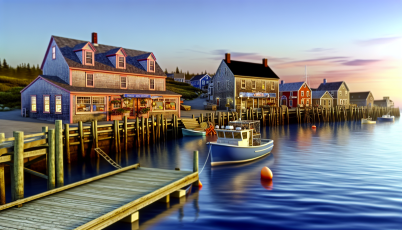 Bar Harbor village waterfront with lobster boats