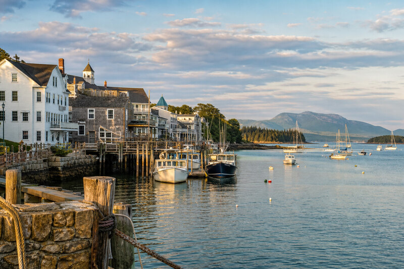 Bar Harbor village waterfront with lobster boats