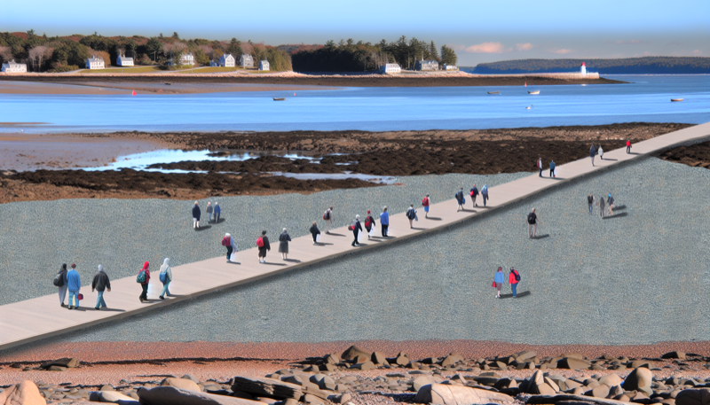 Bar Island land bridge walkway at low tide from Bar Harbor