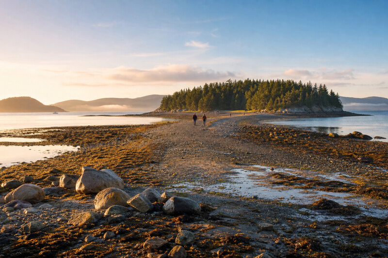 Bar Island land bridge walkway at low tide from Bar Harbor